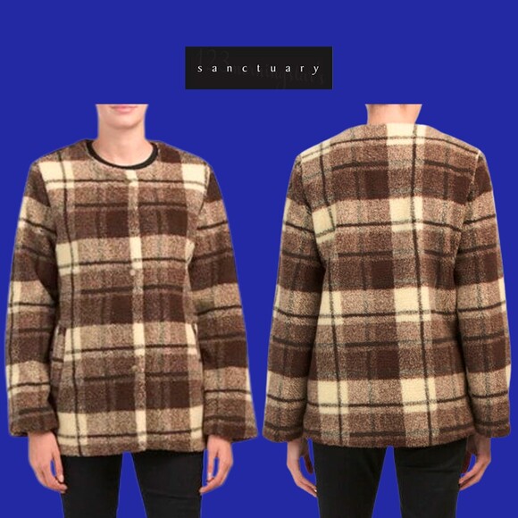 SANCTUARY by Anthropologie NEW Skater Oversized Plaid Teddy Sherpa Jacket Coat L - Picture 3 of 12